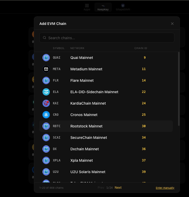 KeepKey add custom EVM chain dialog