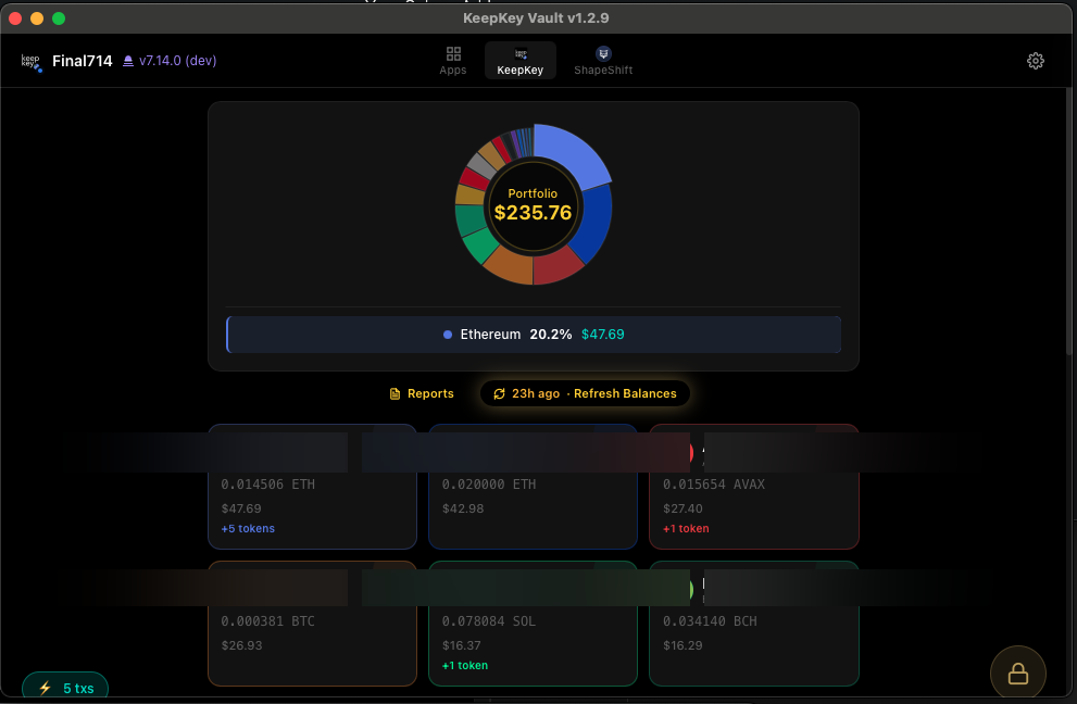 KeepKey Vault portfolio dashboard showing multi-chain balances