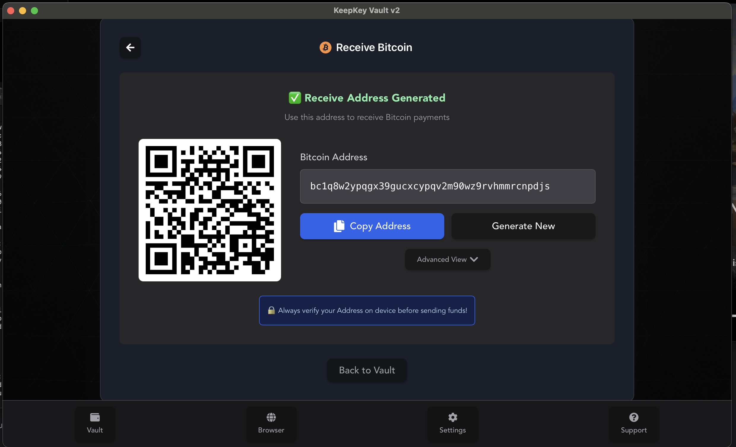 KeepKey Vault receive Bitcoin screen with QR code